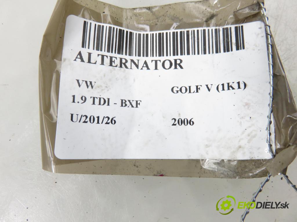 VW GOLF V (1K1) HB 2006 66,00 1.9 TDI - BXF 1896,00 Alternátor 06F903023C (Alternátor)