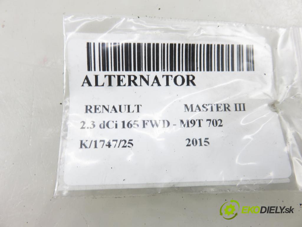 RENAULT MASTER III Platforma / podwozie (EV, HV, UV) KABINA/PLATFORMA 2015 120,00 2.3 dCi 165 FWD - M9T 702 2298,00 Alternátor  (Alternátor)
