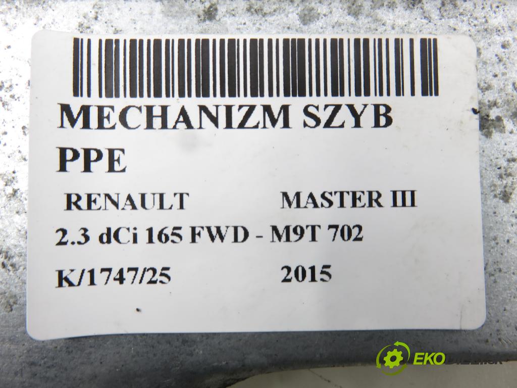 RENAULT MASTER III Platforma / podwozie (EV, HV, UV) KABINA/PLATFORMA 2015 120,00 2.3 dCi 165 FWD - M9T 702 2298,00 Mechanizmus okien 807200008R ; 128001031E