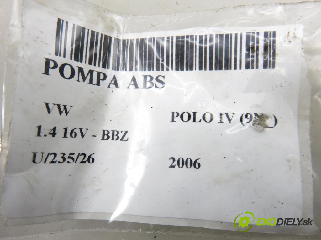 VW POLO (9N_) HB 2006 74,00 1.4 16V - BBZ 1390,00 Pumpa ABS 0265950413 ; 0265234224 ; 6Q0614517P (Pumpa ABS)