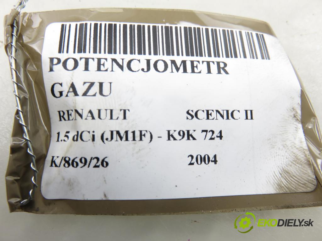 RENAULT SCENIC II (JM0/1_) MINIVAN 2004 63,00 1.5 dCi (JM1F) - K9K 724 1461,00 potenciometr plynového pedálu 8200159647B (Potenciometr plynového pedálu)