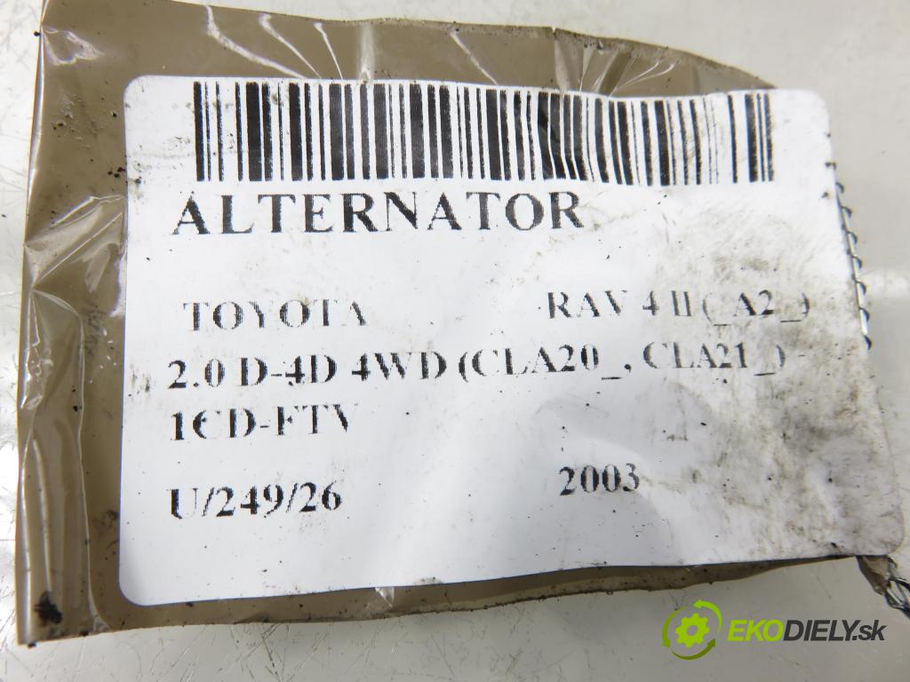 TOYOTA RAV 4 II (_A2_) SUV 2003 85,00 2.0 D-4D 4WD (CLA20_, CLA21_) - 1CD-FTV 1995,00 Alternátor 2706027040 ; 1042103051 (Alternátor)