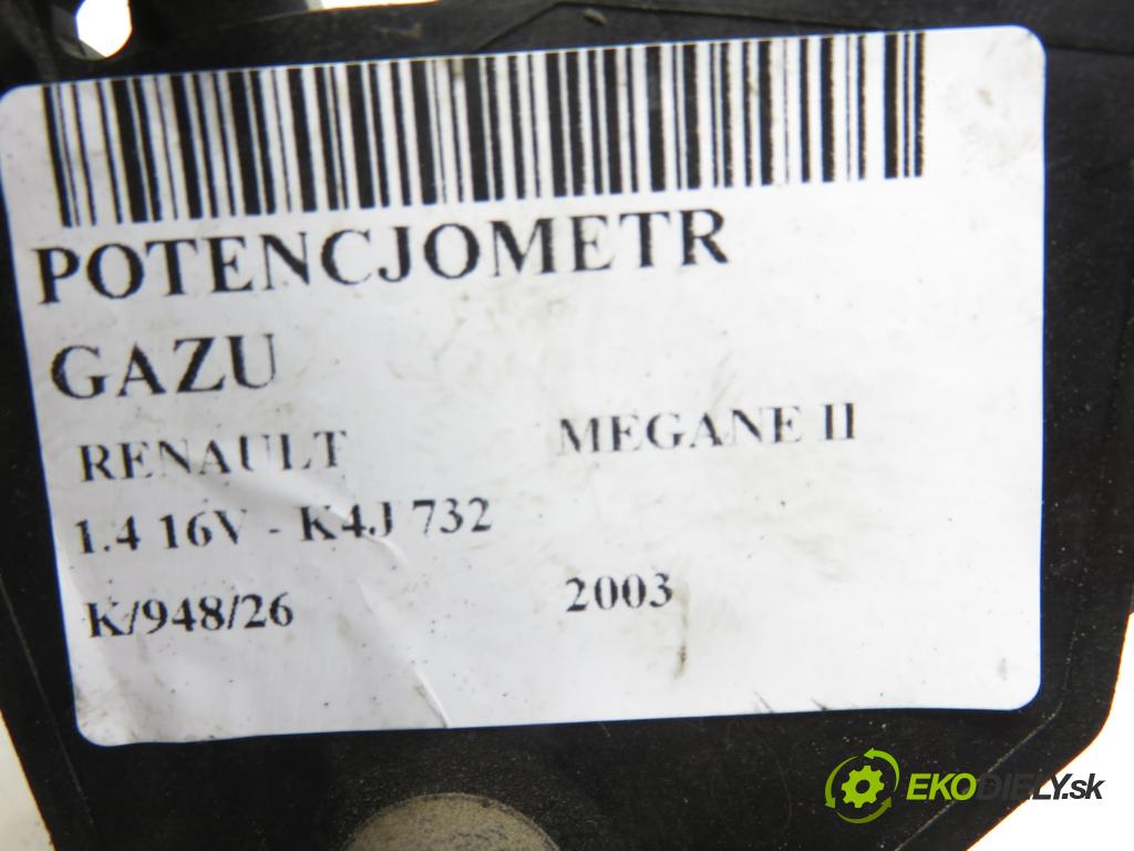 RENAULT MEGANE II (BM0/1_, CM0/1_) HB 2003 60,00 1.4 16V - K4J 732 1390,00 potenciometr plynového pedálu 8200153268 (Potenciometr plynového pedálu)