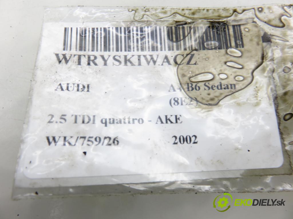 AUDI A4 (8E2, B6) SEDAN 2002 132,00 2.5 TDI quattro - AKE 2496,00 vstřikovací ventily 059130202F ; 0432133793 ; 059130201F (Vstřikovací ventil)