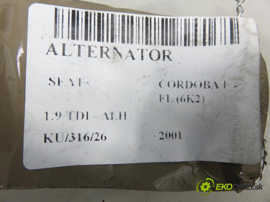 SEAT CORDOBA (6K2) SEDAN 2001 66,00 1.9 TDI - ALH 1896,00 Alternátor 037903025L ; 0124315005 (Alternátor)