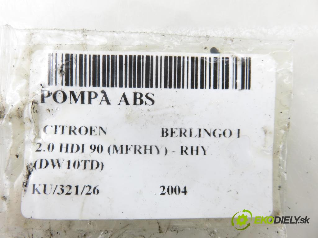 CITROEN BERLINGO / BERLINGO FIRST nadwozie wielkoprzestrzenne (MPV) KOMBIVAN 2004 66,00 2.0 HDI 90 (MFRHY) - RHY (DW10TD) 1997,00 pumpa ABS 0273004439 ; 9635756480 ; 0265216720 (Pumpa ABS)