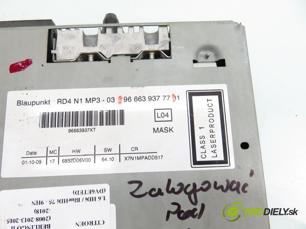 CITROEN BERLINGO Nadwozie pełne/minivan (B9) FURGON 2011 55,00 1.6 HDi / BlueHDi 75 - 9HN (DV6ETED) 1560,00 RADIO CD 9666393777