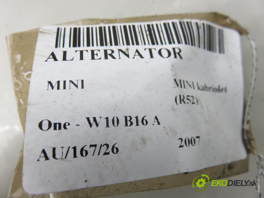 MINI MINI kabriolet (R52) CABRIO 2007 66,00 One - W10 B16 A 1598,00 Alternátor 0124325158 ; 7559223 (Alternátor)