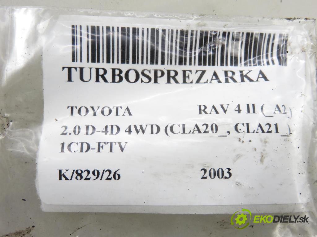 TOYOTA RAV 4 II (_A2_) SUV 2003 85,00 2.0 D-4D 4WD (CLA20_, CLA21_) - 1CD-FTV 1995,00 RYCHLONABÍJEČKA: 1720127040 (Kompletní turbodmychadlo)