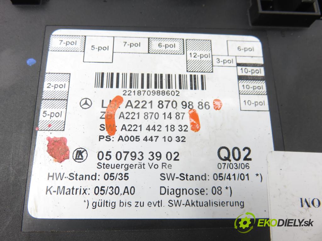 MERCEDES-BENZ KLASA S (W221) SEDAN 2006 173,00 S 320 CDI (221.022, 221.122) - OM 642.930 2987,00 MODUL Dvere A2218709886 ; A2218701487 ; A2214421832