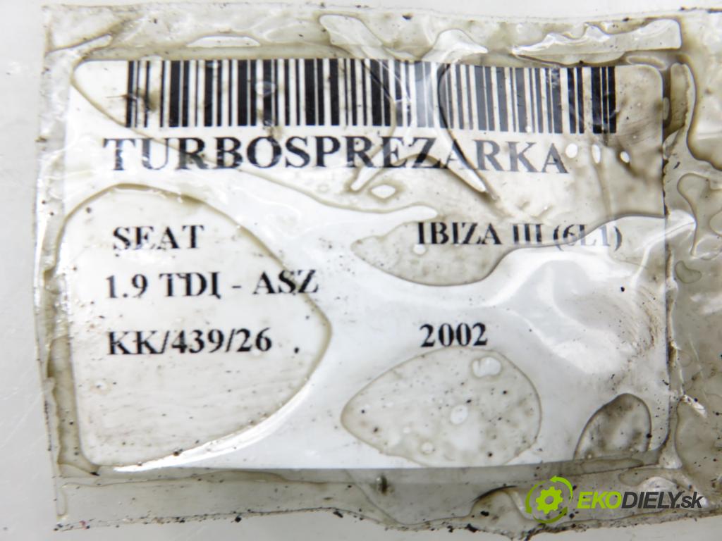 SEAT IBIZA III (6L1) HB 2002 96,00 1.9 TDI - ASZ 1896,00 RYCHLONABÍJEČKA: 038253016S (Kompletní turbodmychadlo)