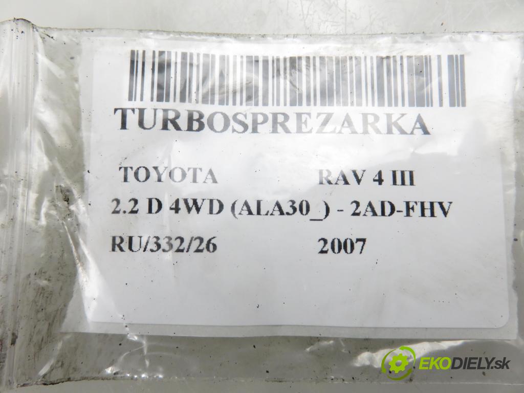 TOYOTA RAV 4 III (_A3_) SUV 2007 130,00 2.2 D 4WD (ALA30_) - 2AD-FHV 2231,00 Turbodúchadlo 1720126020 (Turbodúchadlo (kompletné))