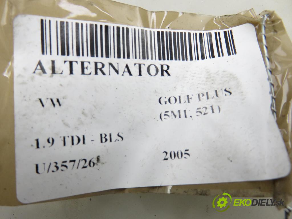 VW GOLF PLUS (5M1, 521) MINIVAN 2005 77,00 1.9 TDI - BLS 1896,00 Alternátor 06F903023C (Alternátor)