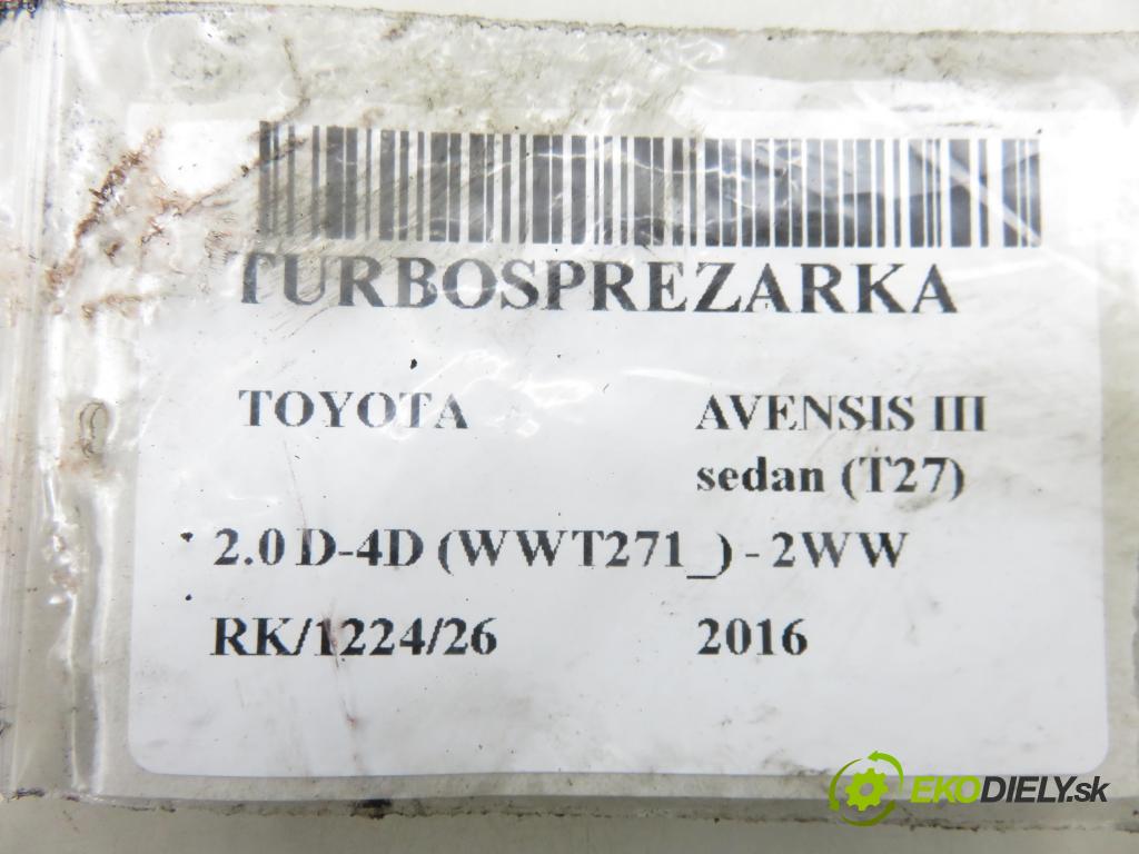 TOYOTA AVENSIS sedan (_T27_) SEDAN 2016 105,00 2.0 D-4D (WWT271_) - 2WW 1995,00 RYCHLONABÍJEČKA: 346548704 ; RHV4T39 (Kompletní turbodmychadlo)