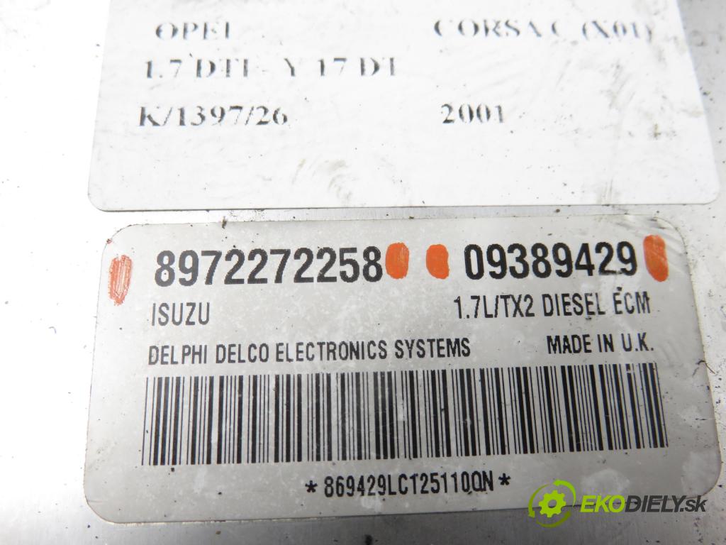 OPEL CORSA C (X01) HB 2001 55,00 1.7 DTI - Y 17 DT 1686,00 řídící jednotka motora 8972272258 ; 09389429