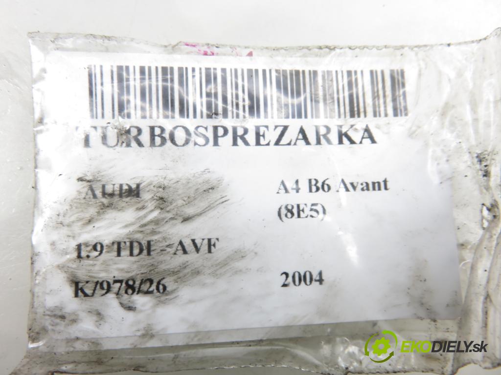 AUDI A4 Avant (8E5, B6) KOMBI 2004 96,00 1.9 TDI - AVF 1896,00 RYCHLONABÍJEČKA: 038145702G (Kompletní turbodmychadlo)