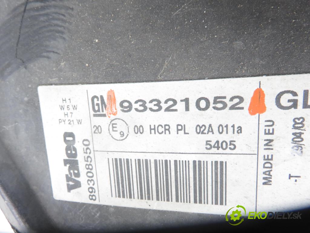 OPEL MERIVA A nadwozie wielkoprzestrzenne (MPV) (X03) HB 2003 74,00 1.6 16V - Z 16 XE 1598,00 světlo LP 93321052