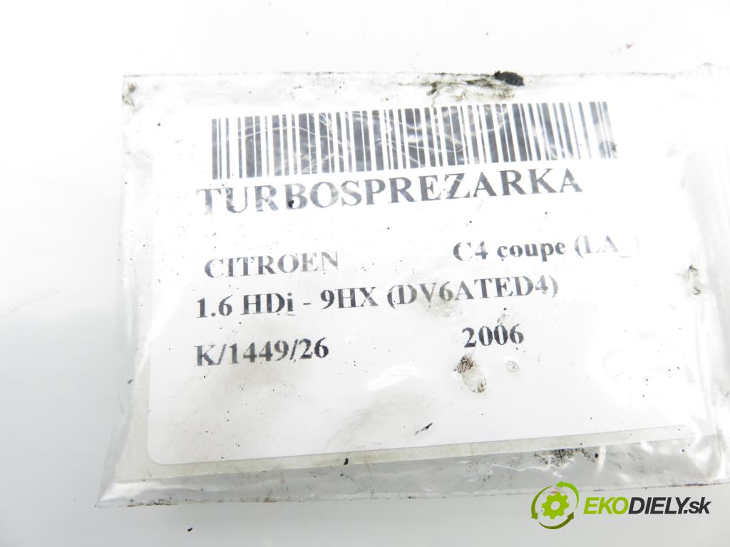 CITROEN C4 coupe (LA_) HB 2006 66,00 1.6 HDi - 9HX (DV6ATED4) 1560,00 Turbodúchadlo 9657603780 ; 4917307503 (Turbodúchadlo (kompletné))