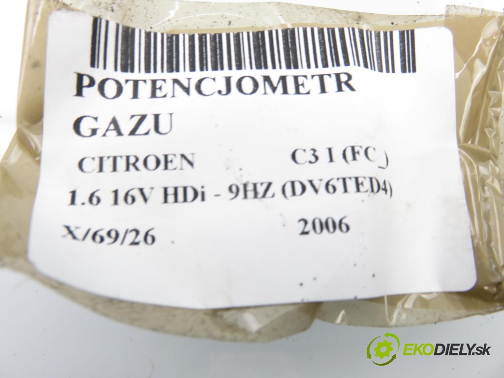 CITROEN C3 I (FC_) HB 2006 80,00 1.6 16V HDi 109 - 9HZ (DV6TED4) 1560,00 Potenciometer plynu 9651270180 ; 6PV00908301 (Potenciometer plynového pedálu)