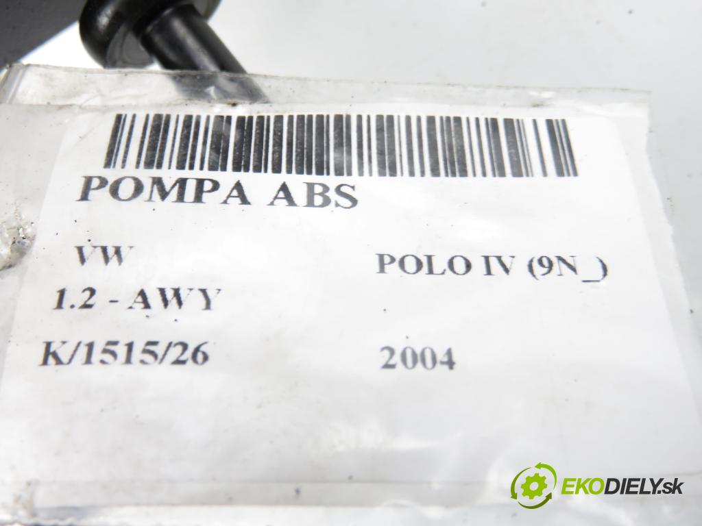 VW POLO (9N_) HB 2004 40,00 1.2 6V 54 - AWY 1198,00 Pumpa ABS 6Q0907379L ; 10096003323 ; 6Q0614117H (Pumpa ABS)