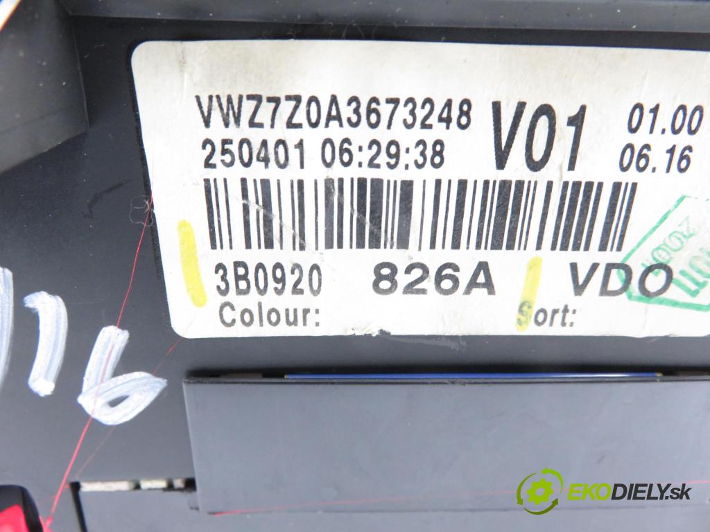 VW PASSAT B5.5 (3B3) SEDAN 2001 96,00 1.9 TDI PD 130 - AVF 1896,00 Prístrojovka elektrický 3B0920826A