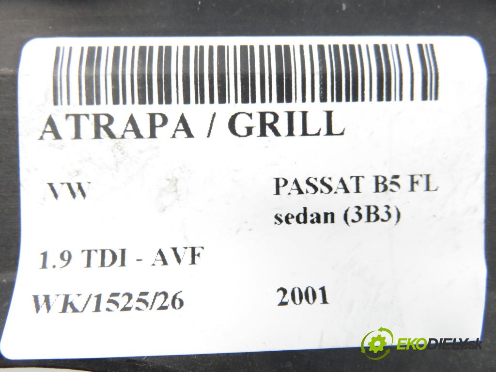 VW PASSAT B5.5 (3B3) SEDAN 2001 96,00 1.9 TDI PD 130 - AVF 1896,00 Mriežka / maska 3B0853651K ; 3B0853651J ; 3B0853651H