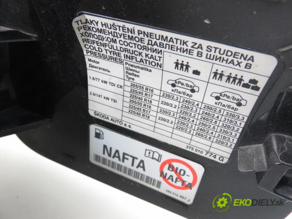 SKODA SUPERB II 1.6 TDI CAYC manual 6 stupňová 77 kW 105 km  Dvierka nádrže paliva 3200101131 (Ostatné)