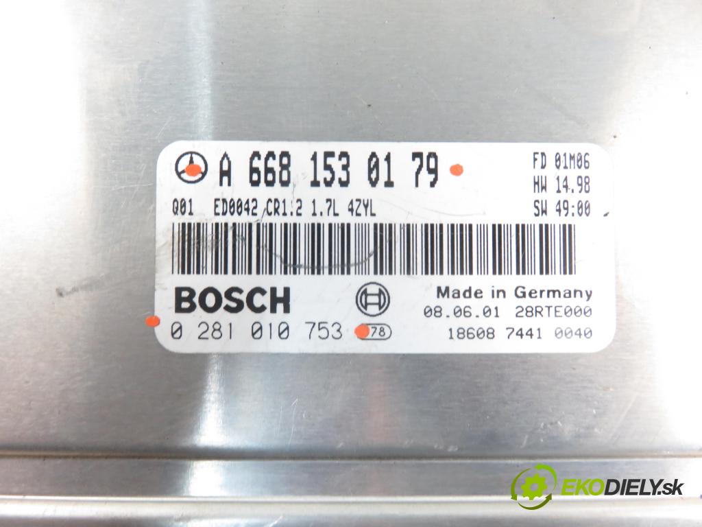 MERCEDES-BENZ KLASA A (W168) HB 2001 55,00 A 160 CDI 75 - OM 668.940 1689,00 Riadiaca jednotka Motor A6681530179 ; 0281010753