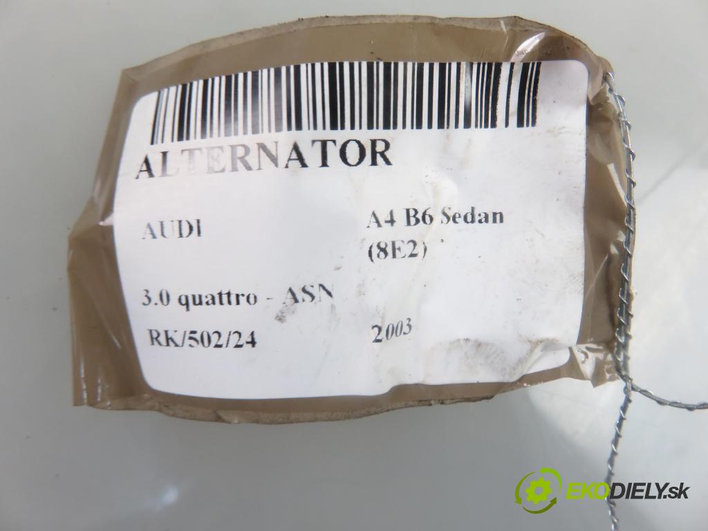 AUDI A4 (8E2, B6) SEDAN 2003 162,00 3.0 quattro - ASN 2976,00 Alternátor 078903016S ; 0124615007 (Alternátory)