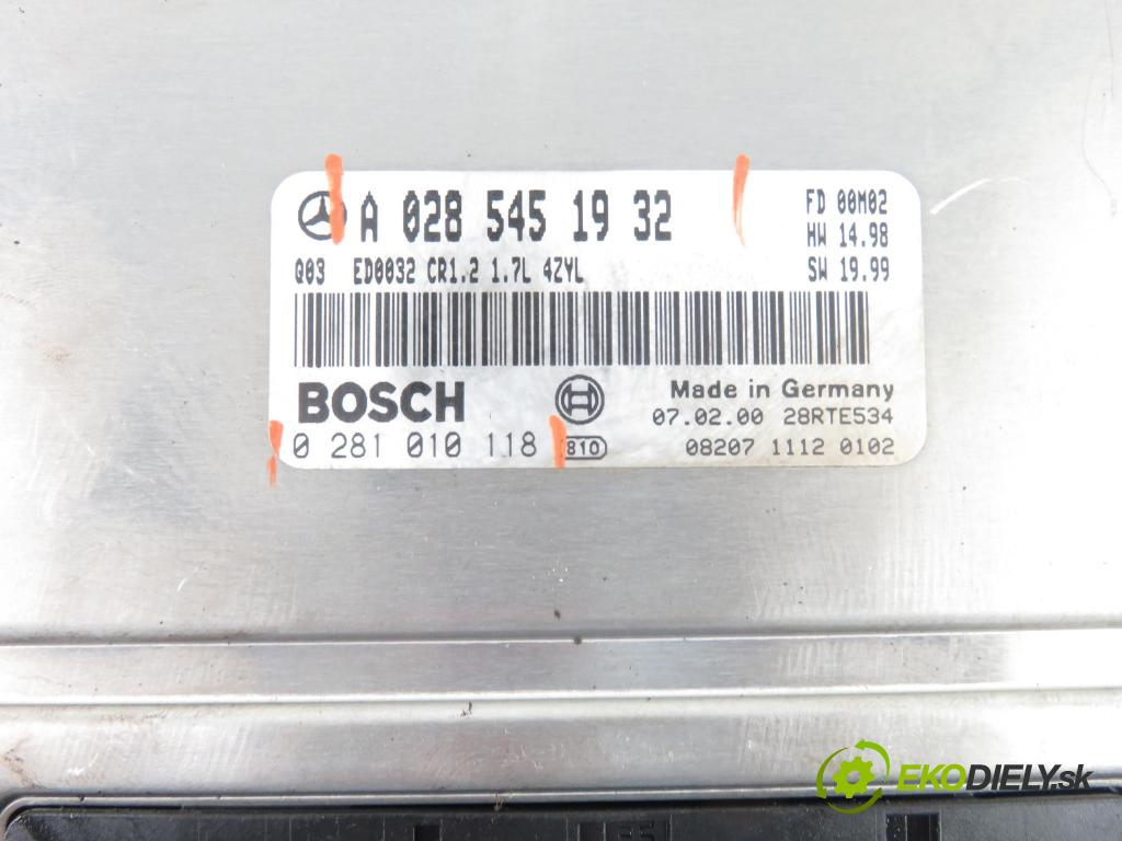MERCEDES-BENZ KLASA A (W168) HB 2001 66,00 1.7 CDI 90 1689,00 Riadiaca jednotka Motor A0285451932 ; 0281010118