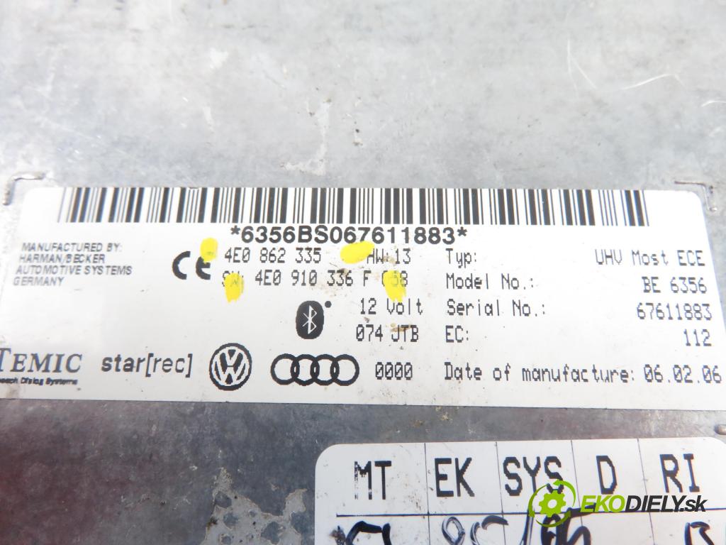 AUDI A6 (4F2, C6) SEDAN 2004 188,00 3.2 FSI quattro - AUK 3123,00 MODUL BLUETOOTH 4E0910336F ; 4E0862335
