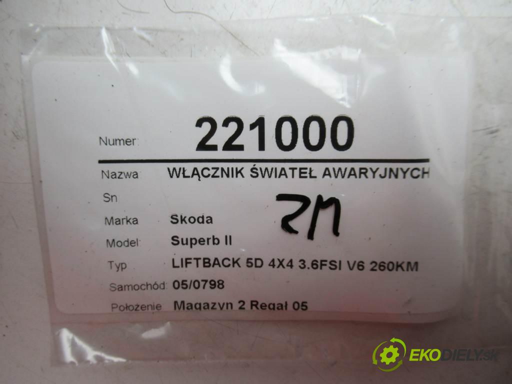 Skoda Superb II  2010  LIFTBACK 5D 4X4 3.6FSI V6 260KM 08-13 3600 Spínač svetiel výstražných (núdzových) 3T0953235D (Prepínače, spínače, tlačidlá a ovládače kúrenia)