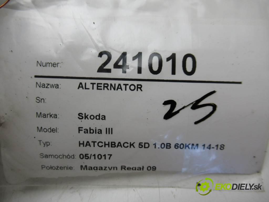 Skoda Fabia III  2016  HATCHBACK 5D 1.0B 60KM 14-18 1000 Alternátor 04C903023J (Alternátory)