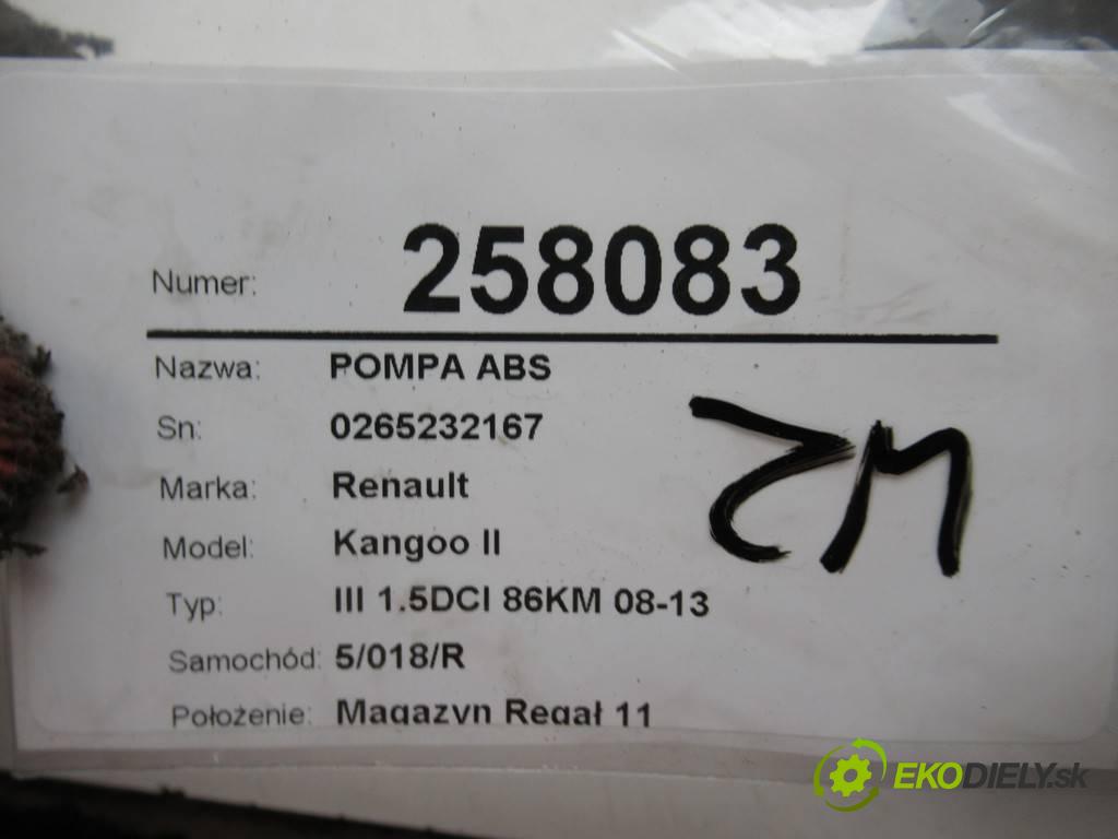 Renault Kangoo II  2009 63 kW III 1.5DCI 86KM 08-13 1500 Pumpa ABS 0265232167 (Pumpy ABS)
