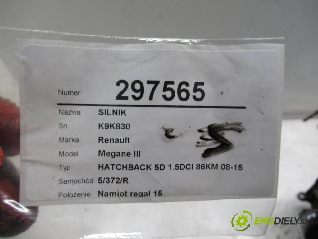 Renault Megane III  2009 63 kW HATCHBACK 5D 1.5DCI 86KM 08-15 1500 motor K9K830 (Motory (kompletní))