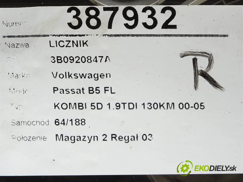 Volkswagen Passat B5 FL  2002 96 kW KOMBI 5D 1.9TDI 130KM 00-05 1900 Prístrojovka 3B0920847A (Prístrojové dosky, displeje)