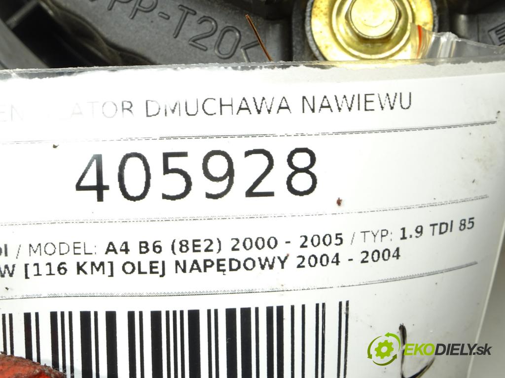AUDI A4 B6 (8E2) 2000 - 2005    1.9 TDI 85 kW [116 KM] olej napędowy 2004 - 2004  Ventilátor ventilátor kúrenia 8E1820021E (Ventilátory kúrenia)