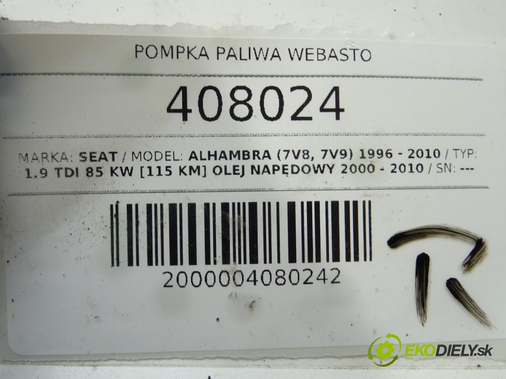 SEAT ALHAMBRA (7V8, 7V9) 1996 - 2010    1.9 TDI 85 kW [115 KM] olej napędowy 2000 - 2010  motorek paliva Webasto 221000500400 (Webasto ohřívače)