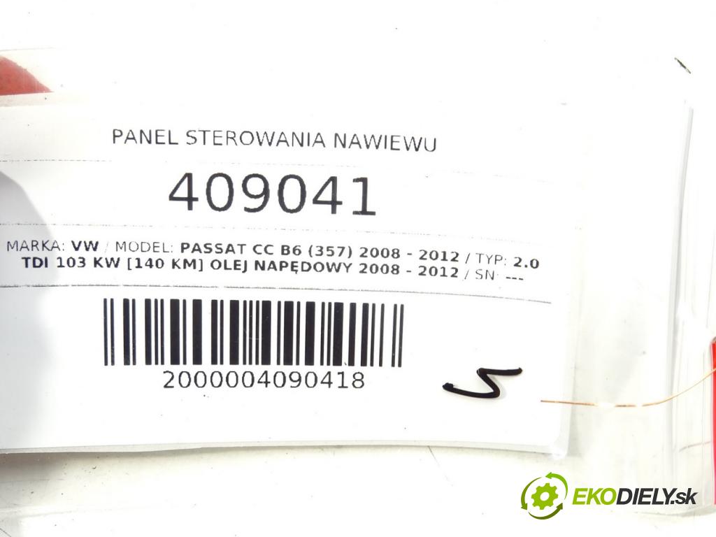 VW PASSAT CC B6 (357) 2008 - 2012    2.0 TDI 103 kW [140 KM] olej napędowy 2008 - 2012  Panel ovládaní topení 5K0907044A (Ovládaní topení a přepínače)