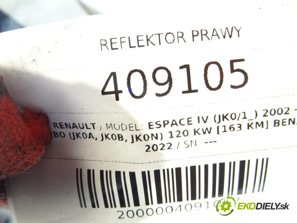RENAULT ESPACE IV (JK0/1_) 2002 - 2022    2.0 Turbo (JK0A, JK0B, JK0N) 120 kW [163 KM] benzy  světlomet pravý 0