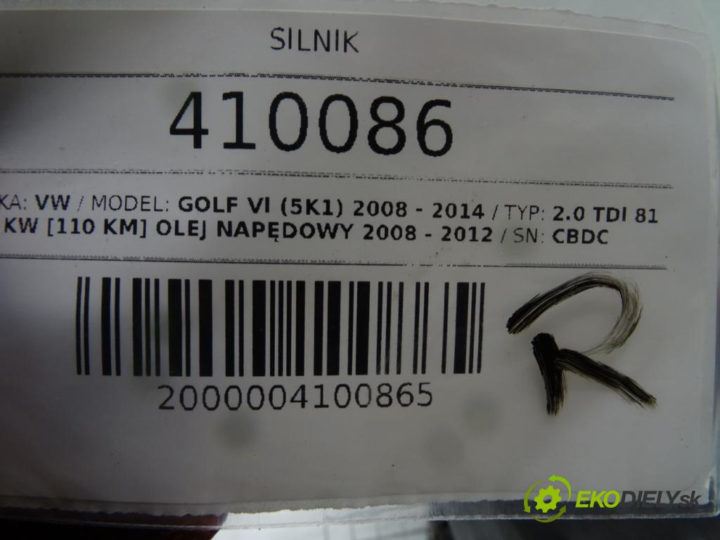 VW GOLF VI (5K1) 2008 - 2014    2.0 TDI 81 kW [110 KM] olej napędowy 2008 - 2012  Motor CBDC (Motory (kompletné))