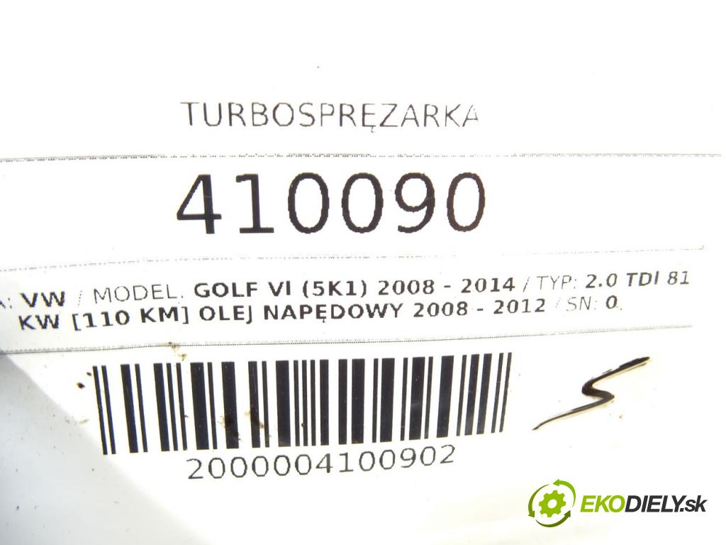 VW GOLF VI (5K1) 2008 - 2014    2.0 TDI 81 kW [110 KM] olej napędowy 2008 - 2012  Turbodúchadlo,turbo BV43B-0139 (Turbodúchadlá (kompletné))