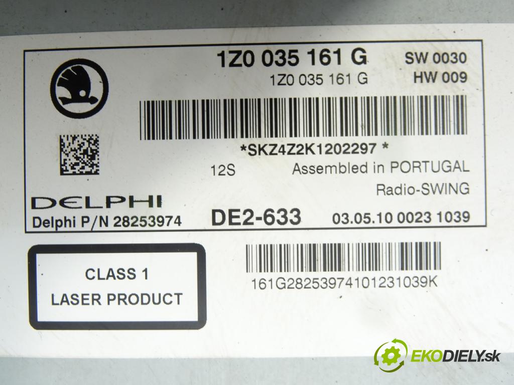 SKODA OCTAVIA II Combi (1Z5) 2004 - 2013    1.4 TSI 90 kW [122 KM] benzyna 2008 - 2013  RADIO 1Z0035161G (Audio zařízení)