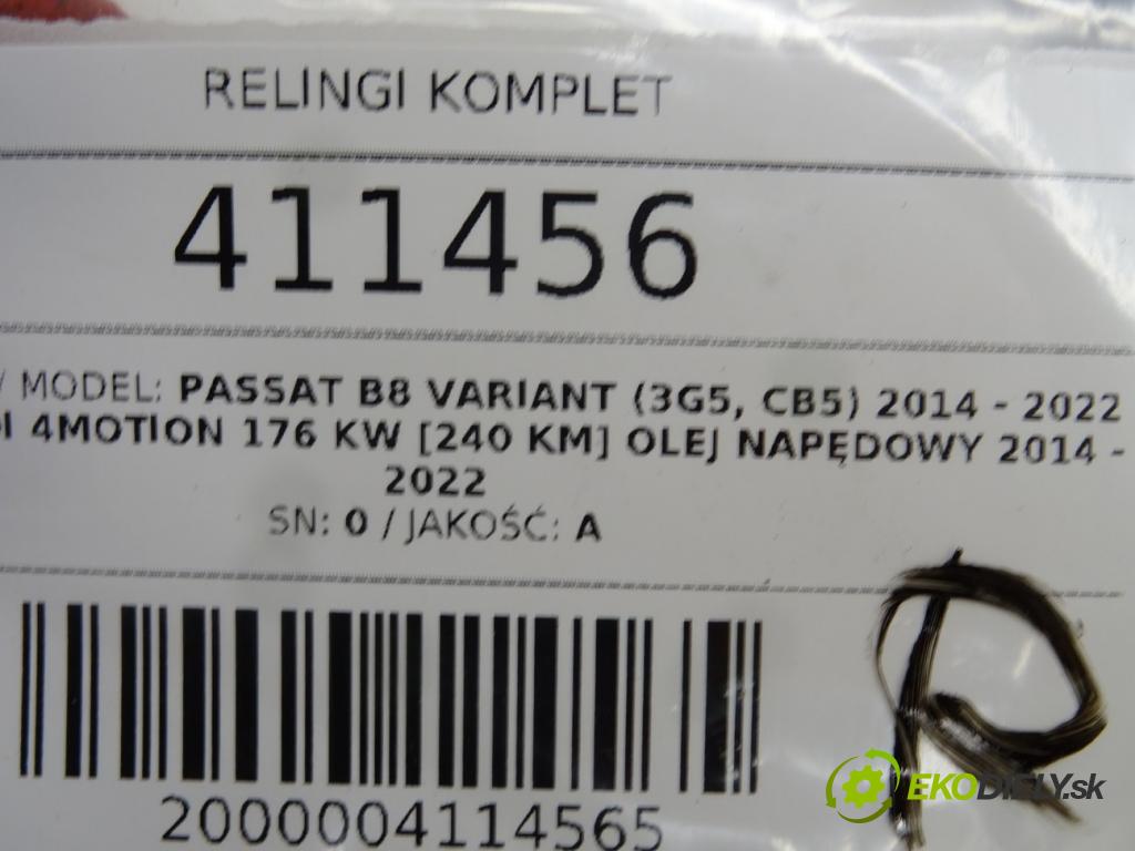 VW PASSAT B8 Variant (3G5, CB5) 2014 - 2022    2.0 TDI 4motion 176 kW [240 KM] olej napędowy 2014  ŽELEZNICE: 3G9860033Q 3G9860034Q (Strešné lyžiny)