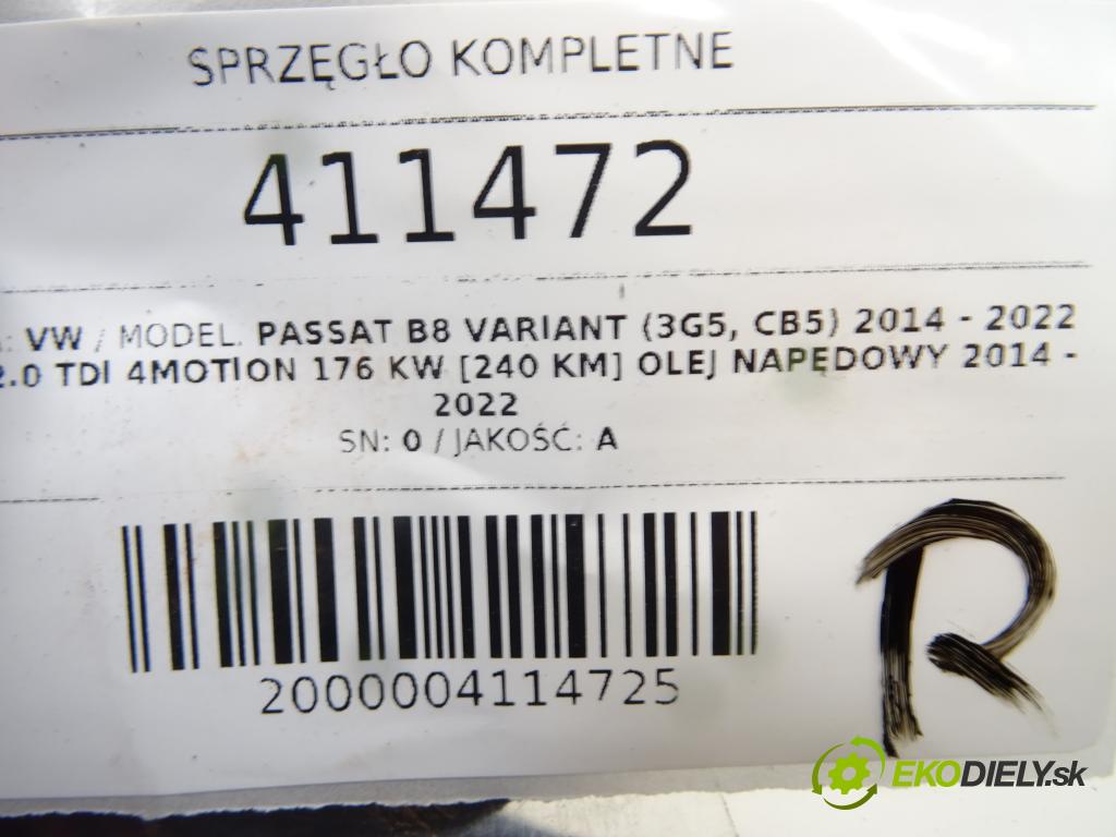 VW PASSAT B8 Variant (3G5, CB5) 2014 - 2022    2.0 TDI 4motion 176 kW [240 KM] olej napędowy 2014  Spojková sada (bez ložiska) komplet  (Kompletné sady (bez ložiska))