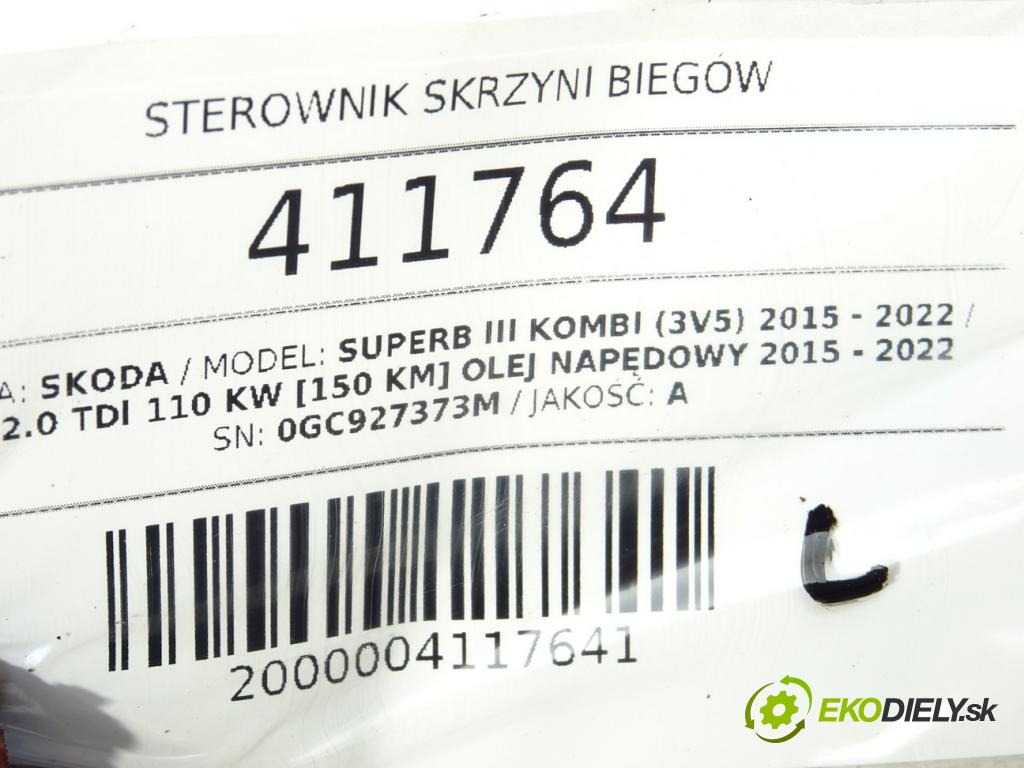 SKODA SUPERB III Kombi (3V5) 2015 - 2022    2.0 TDI 110 kW [150 KM] olej napędowy 2015 - 2022  Riadiaca jednotka prevodovky 0GC927373M (Riadiace jednotky prevodovky)