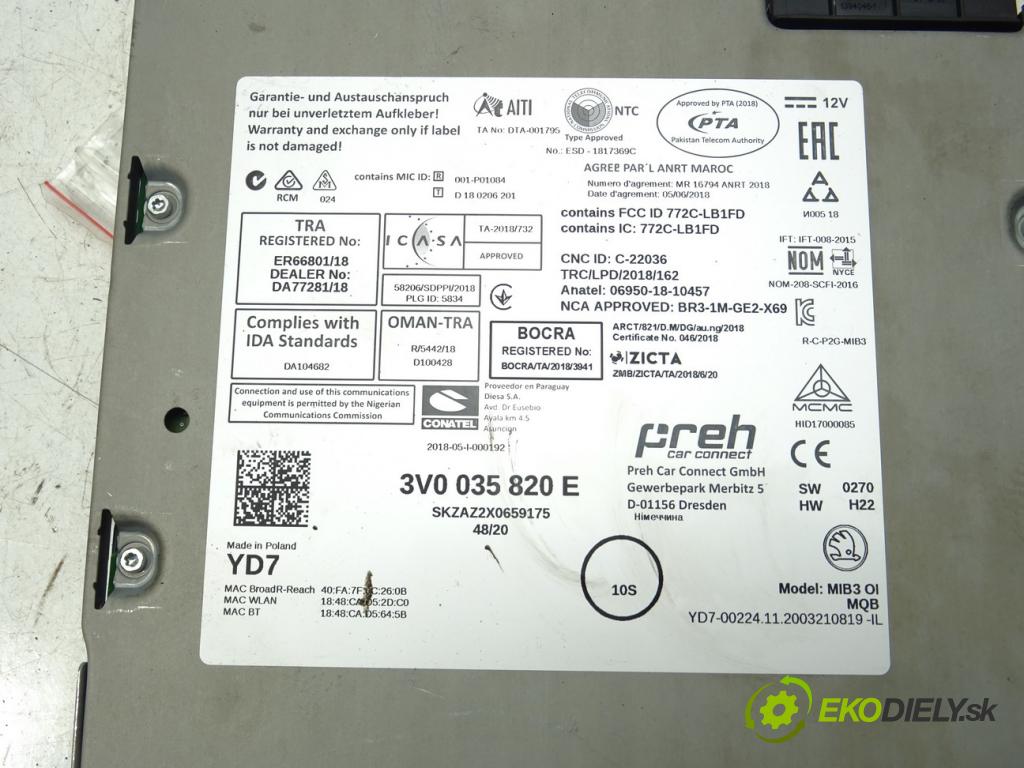 SKODA SUPERB III Kombi (3V5) 2015 - 2022    2.0 TDI 110 kW [150 KM] olej napędowy 2015 - 2022  čítač navigácie 3V0035820E (Ostatné)