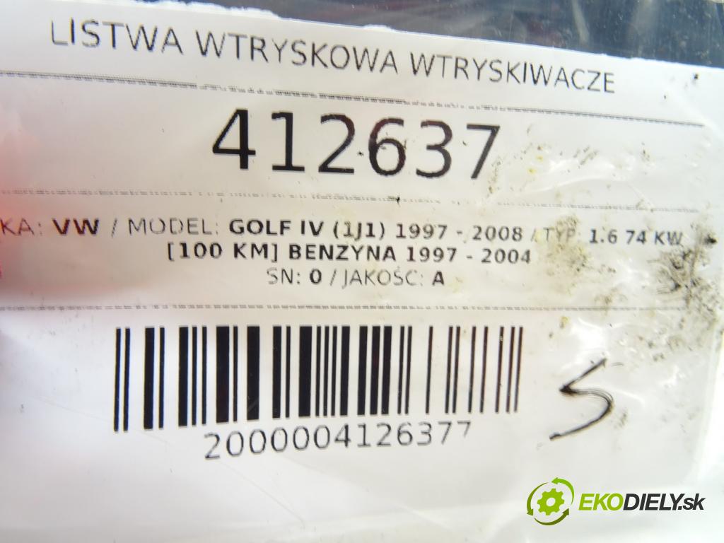 VW GOLF IV (1J1) 1997 - 2008    1.6 74 kW [100 KM] benzyna 1997 - 2004  lišta vstřikovací vstřikovací ventily 06A133317A