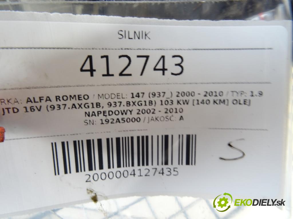 ALFA ROMEO 147 (937_) 2000 - 2010    1.9 JTD 16V (937.AXG1B, 937.BXG1B) 103 kW [140 KM]  motor 192A5000 (Motory (kompletní))