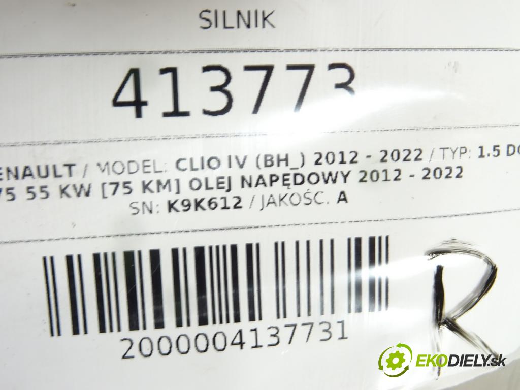 RENAULT CLIO IV (BH_) 2012 - 2022    1.5 dCi 75 55 kW [75 KM] olej napędowy 2012 - 2022  Motor K9K612 (Motory (kompletné))